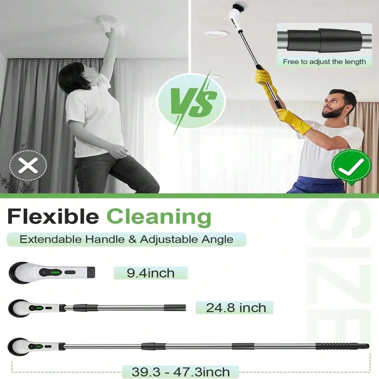 Electric Bathroom Cleaning Brush, Cordless Spin Scrubber Full Body Waterproof IPX7 With Adjustable Handle, 8 Replaceable Brush Heads For Bathtub/Kitchen/Window/Home.